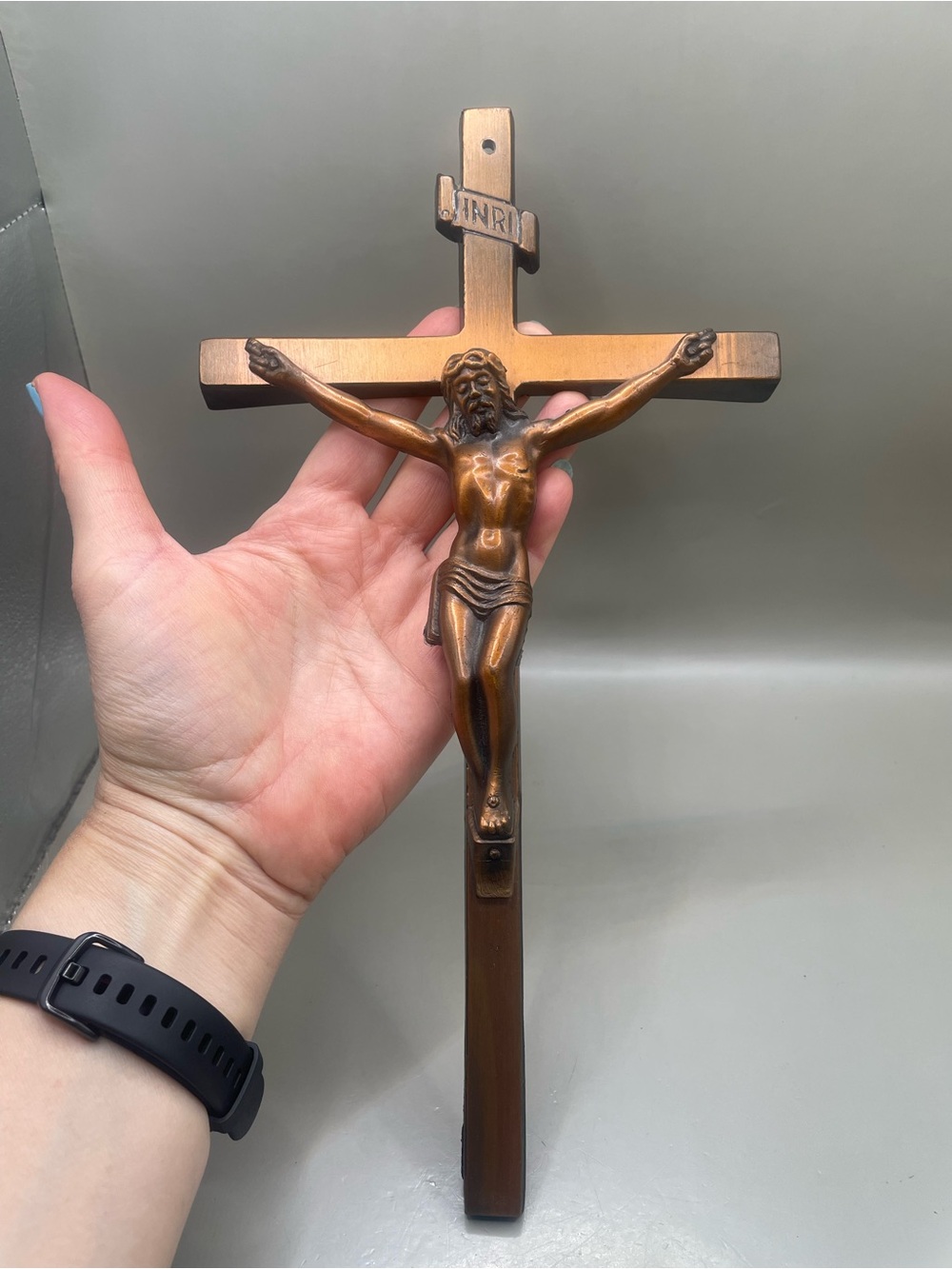 Religious Catholic Copper Tone Metal Crucifix Cross Jesus INRI 11.75” Hanging
